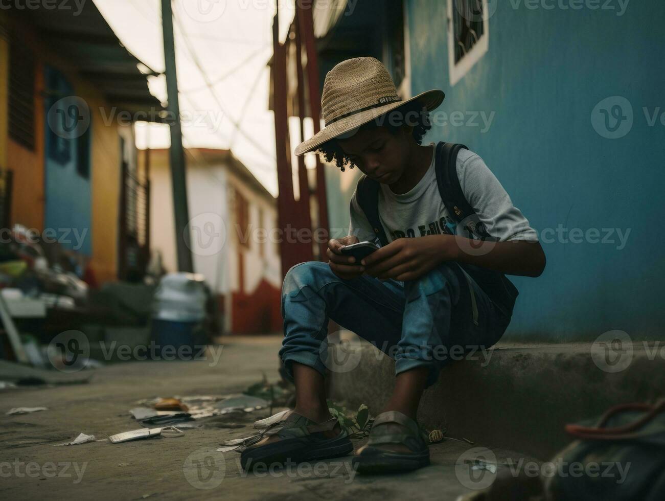 enfant de Colombie en utilisant téléphone intelligent pour en jouant Jeux ai génératif photo