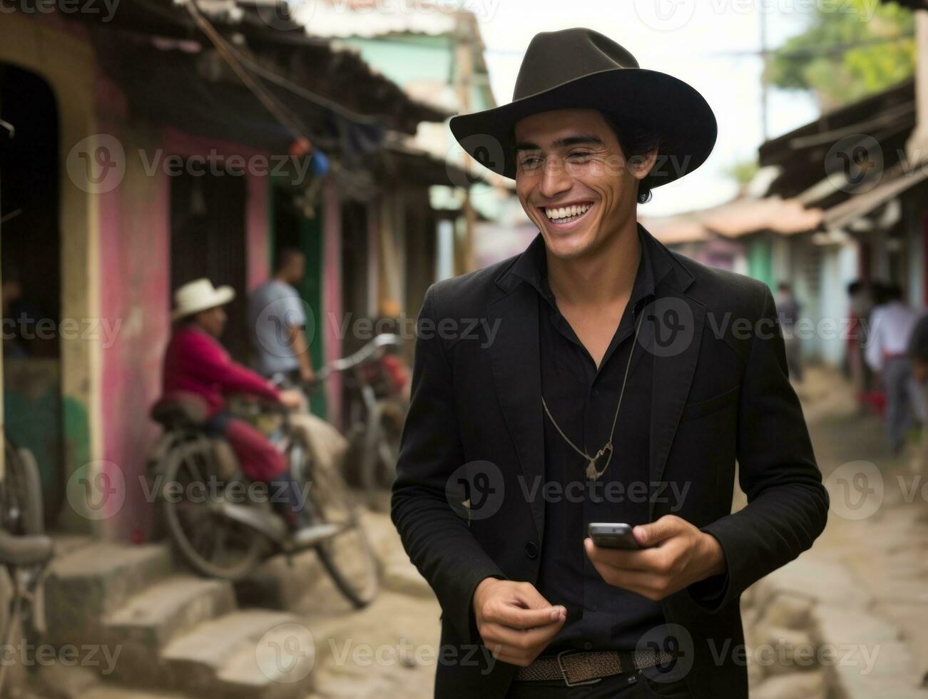 homme de Colombie en utilisant téléphone intelligent pour en ligne la communication ai génératif photo