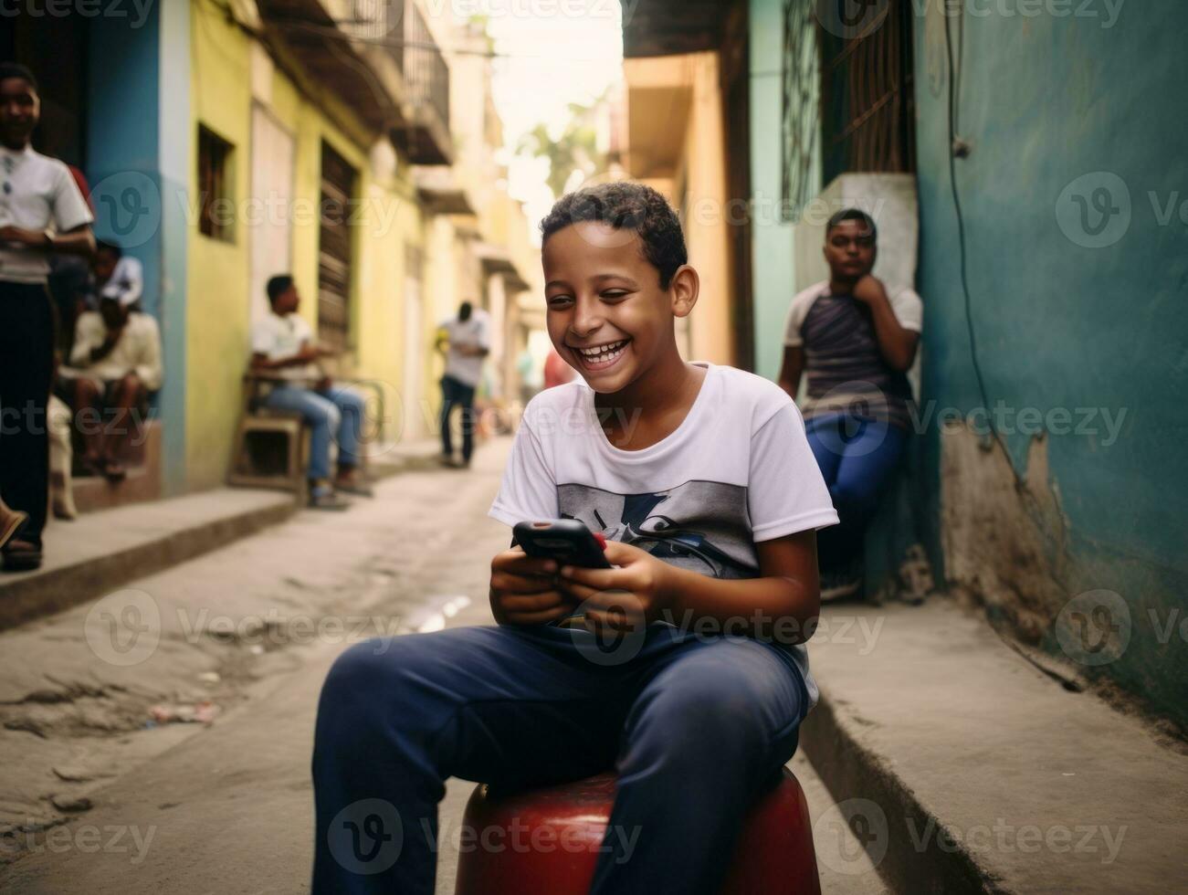 adolescent de Colombie en utilisant une téléphone intelligent pour en jouant Jeux ai génératif photo