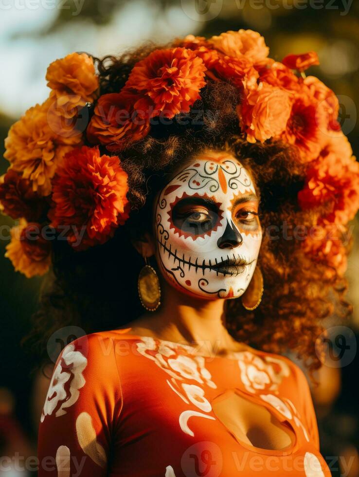 femme dans vibrant calavera maquillage fête le journée de mort ai génératif photo