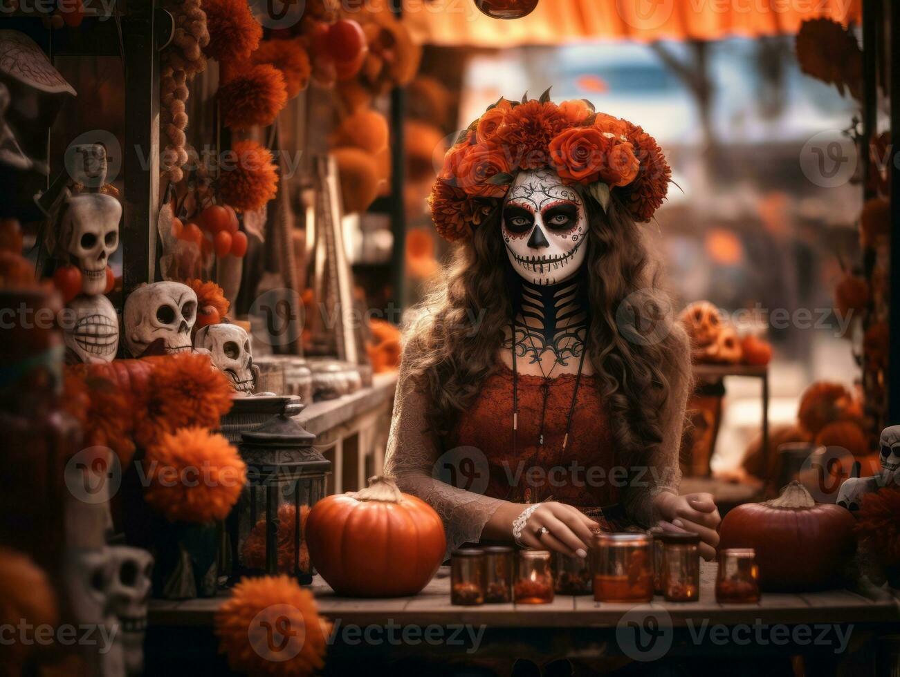 femme dans vibrant calavera maquillage fête le journée de mort ai génératif photo