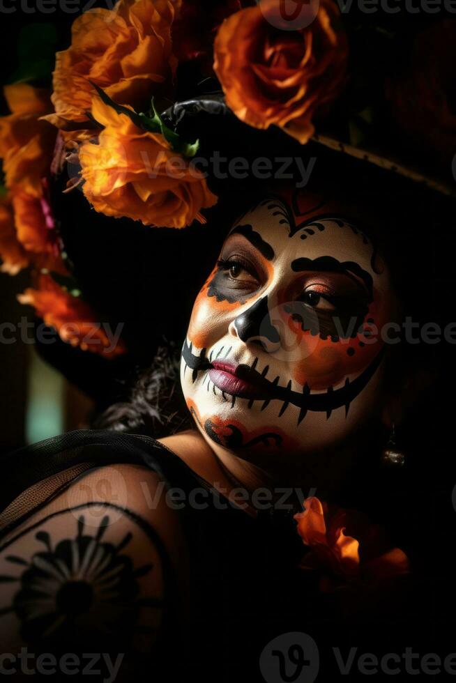 femme dans vibrant calavera maquillage fête le journée de mort ai génératif photo