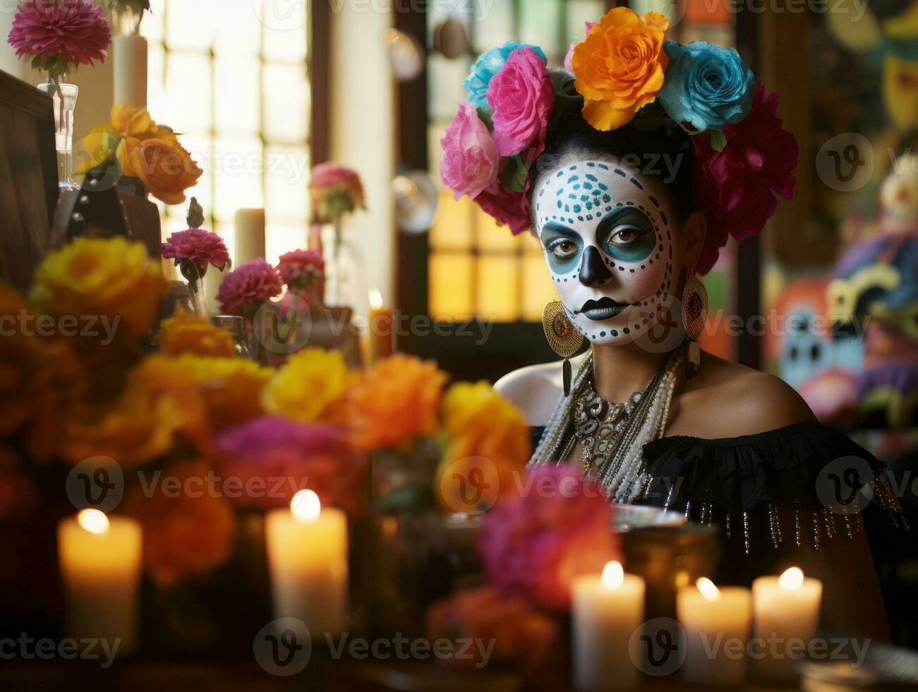 femme dans vibrant calavera maquillage fête le journée de mort ai génératif photo