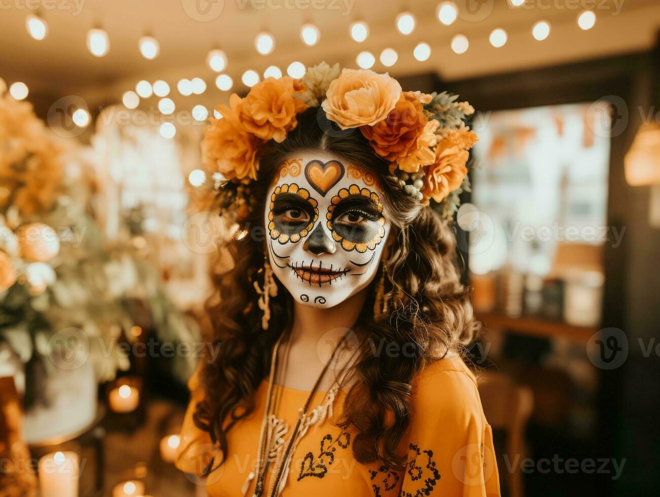 femme dans vibrant calavera maquillage fête le journée de mort ai génératif photo