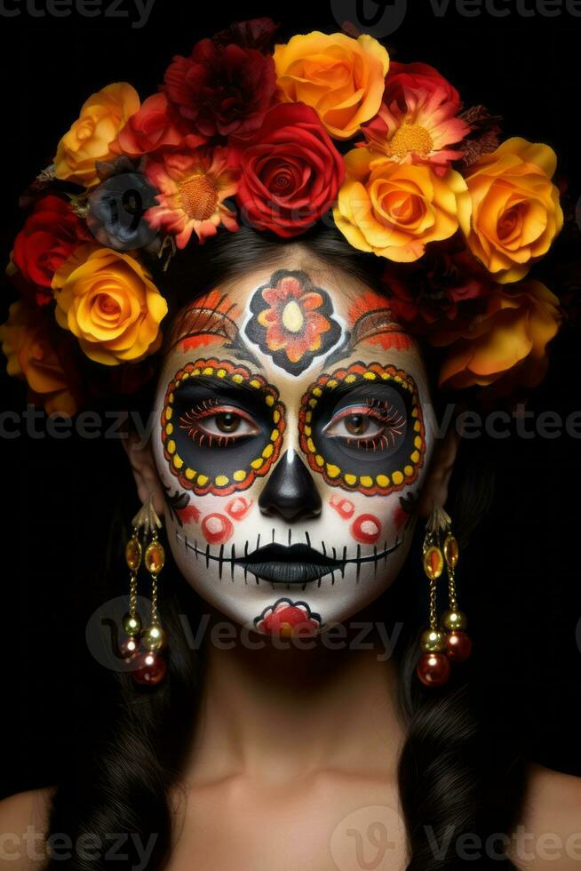 femme dans vibrant calavera maquillage fête le journée de mort ai génératif photo