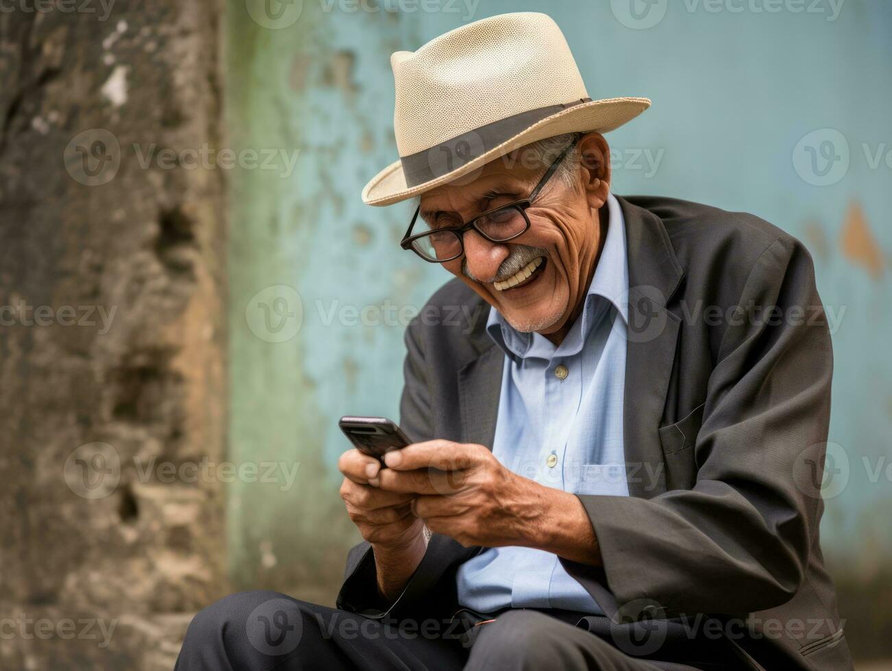 vieux homme de Colombie en utilisant une téléphone intelligent pour en ligne la communication ai génératif photo
