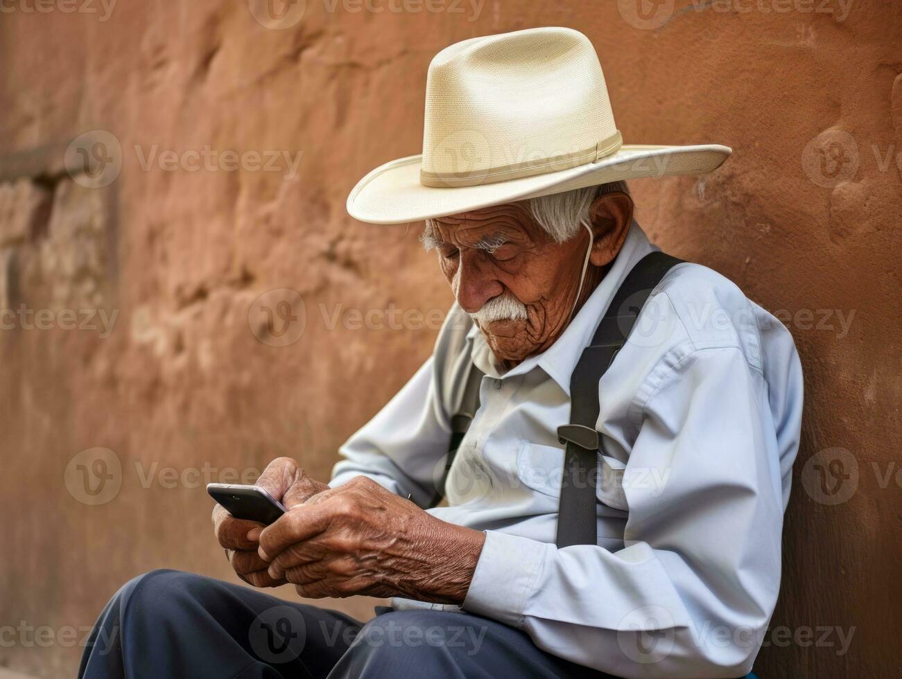 vieux homme de Colombie en utilisant une téléphone intelligent pour en ligne la communication ai génératif photo