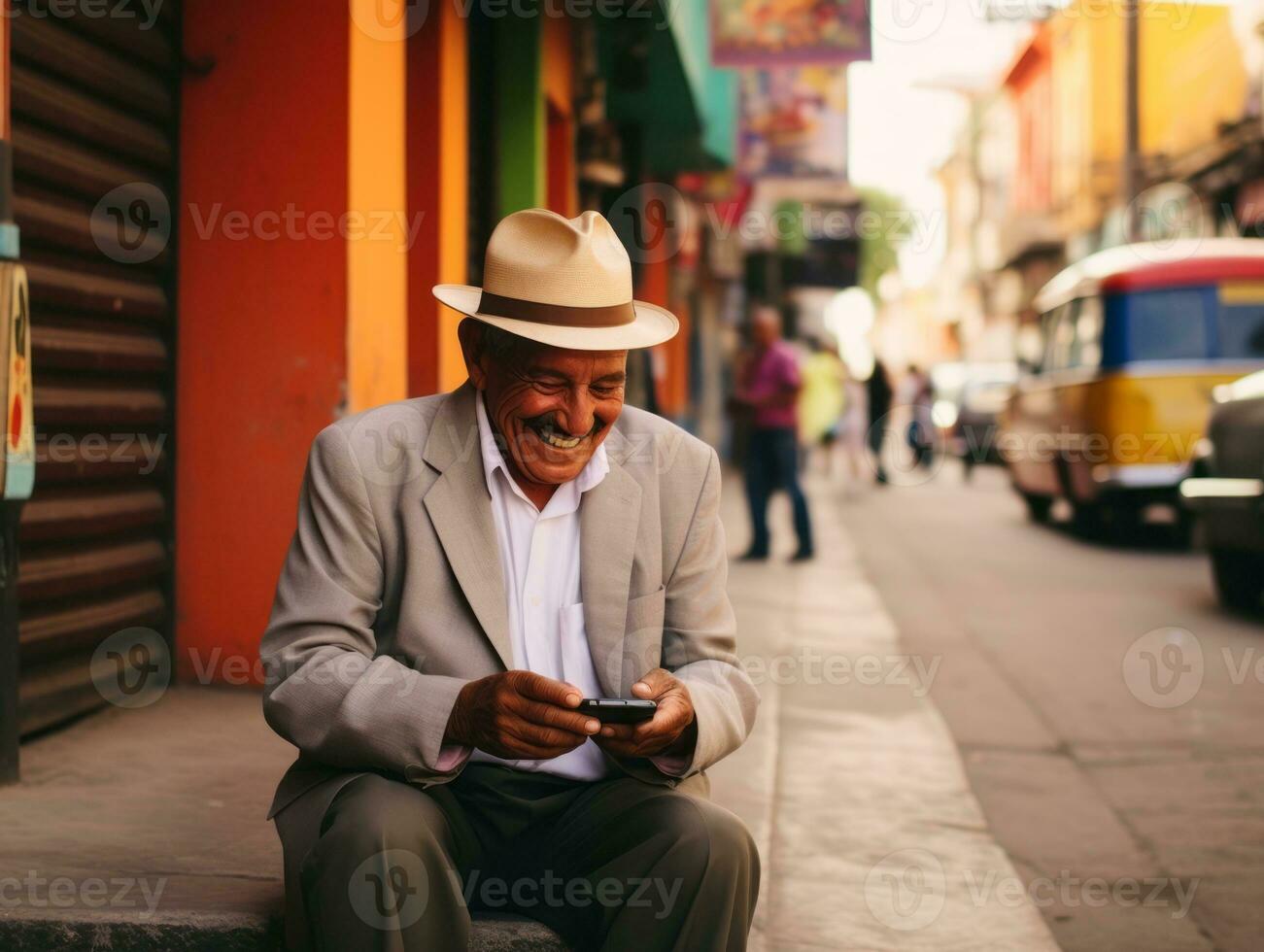 vieux homme de Colombie en utilisant une téléphone intelligent pour en ligne la communication ai génératif photo