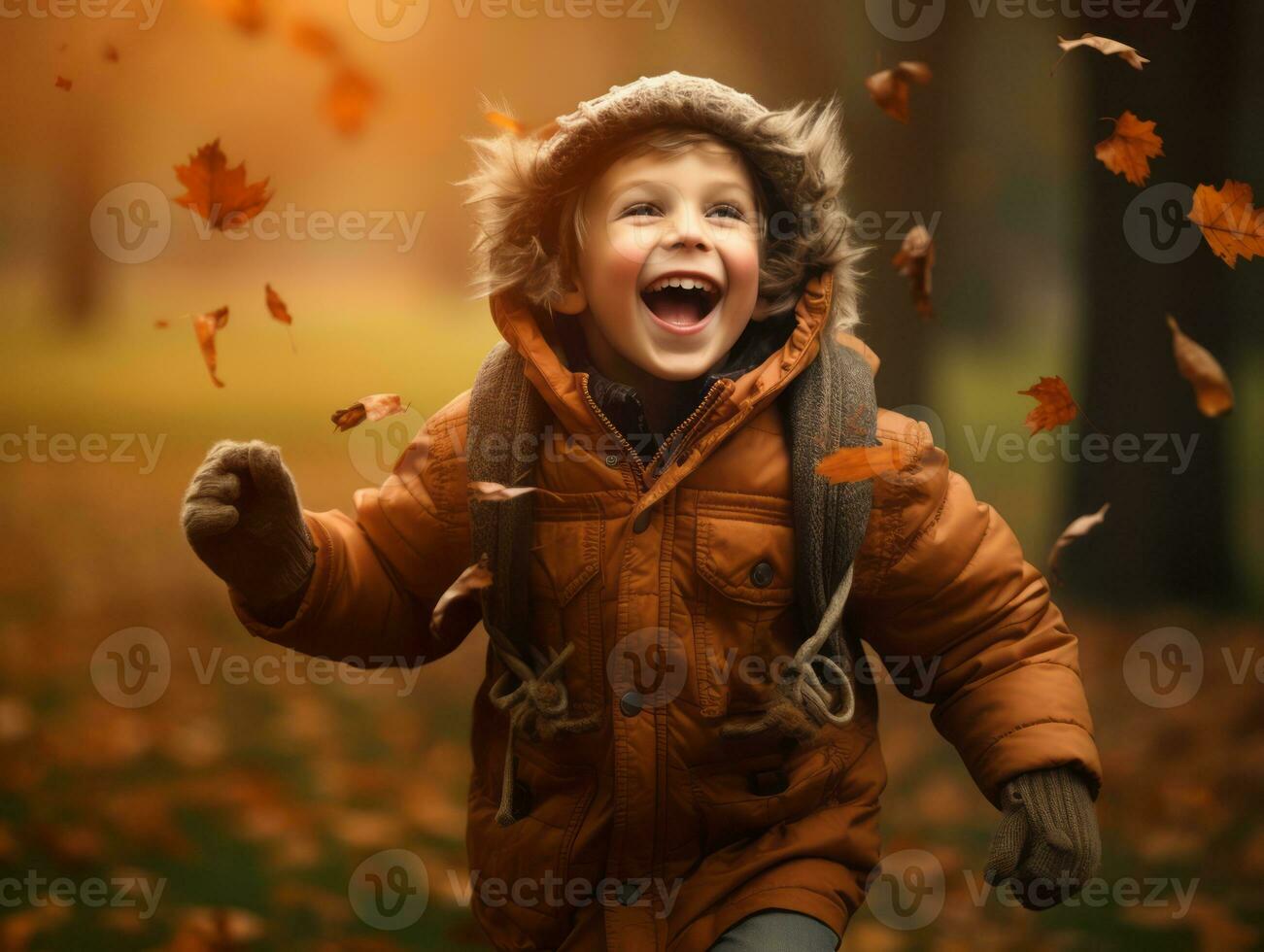 européen enfant dans espiègle émotionnel dynamique pose sur l'automne Contexte ai génératif photo