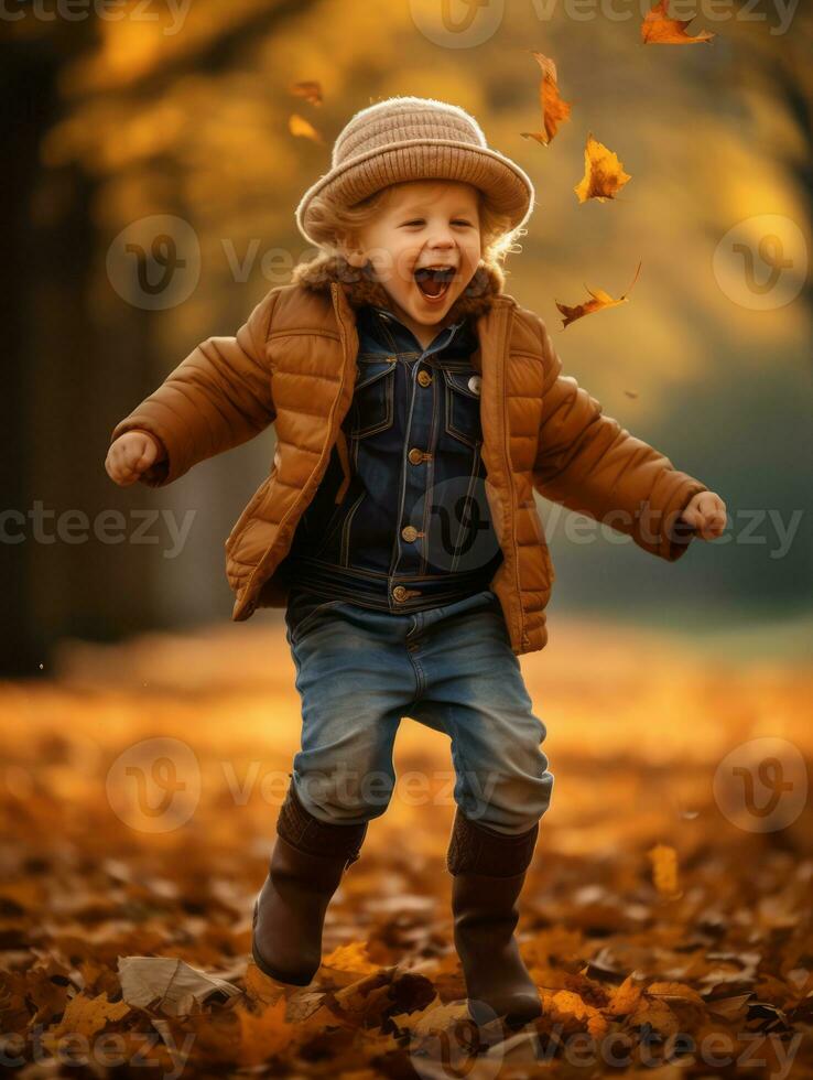 européen enfant dans espiègle émotionnel dynamique pose sur l'automne Contexte ai génératif photo