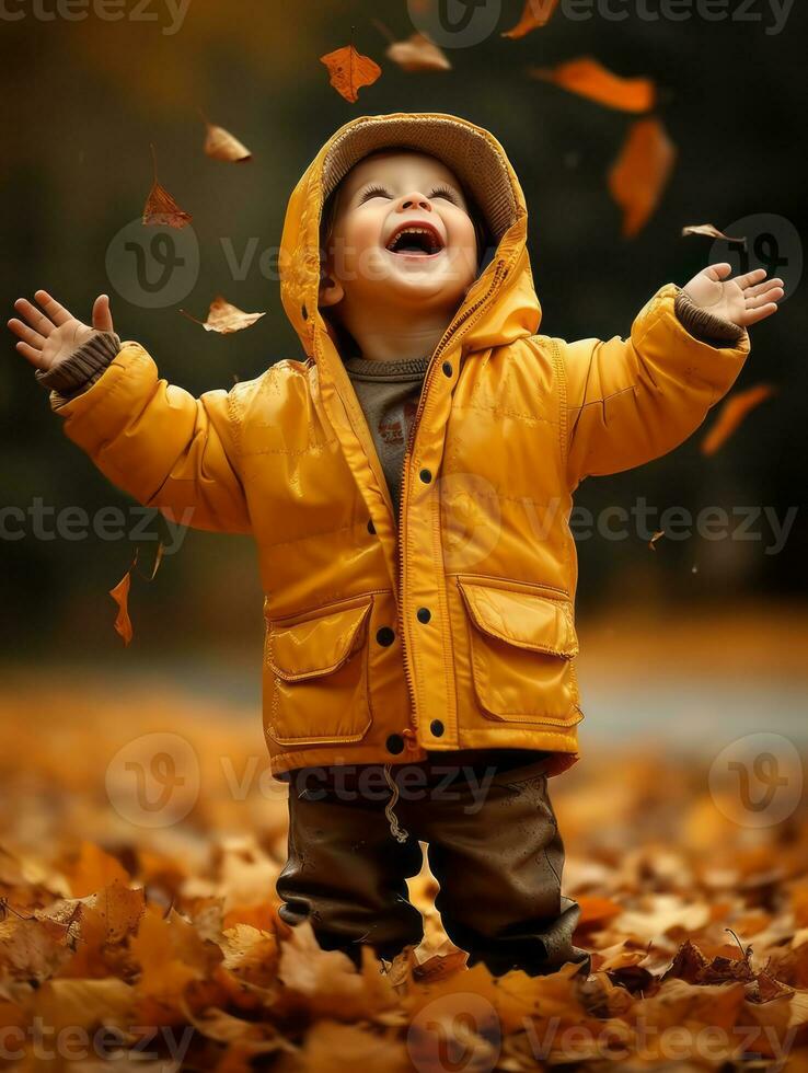 européen enfant dans espiègle émotionnel dynamique pose sur l'automne Contexte ai génératif photo