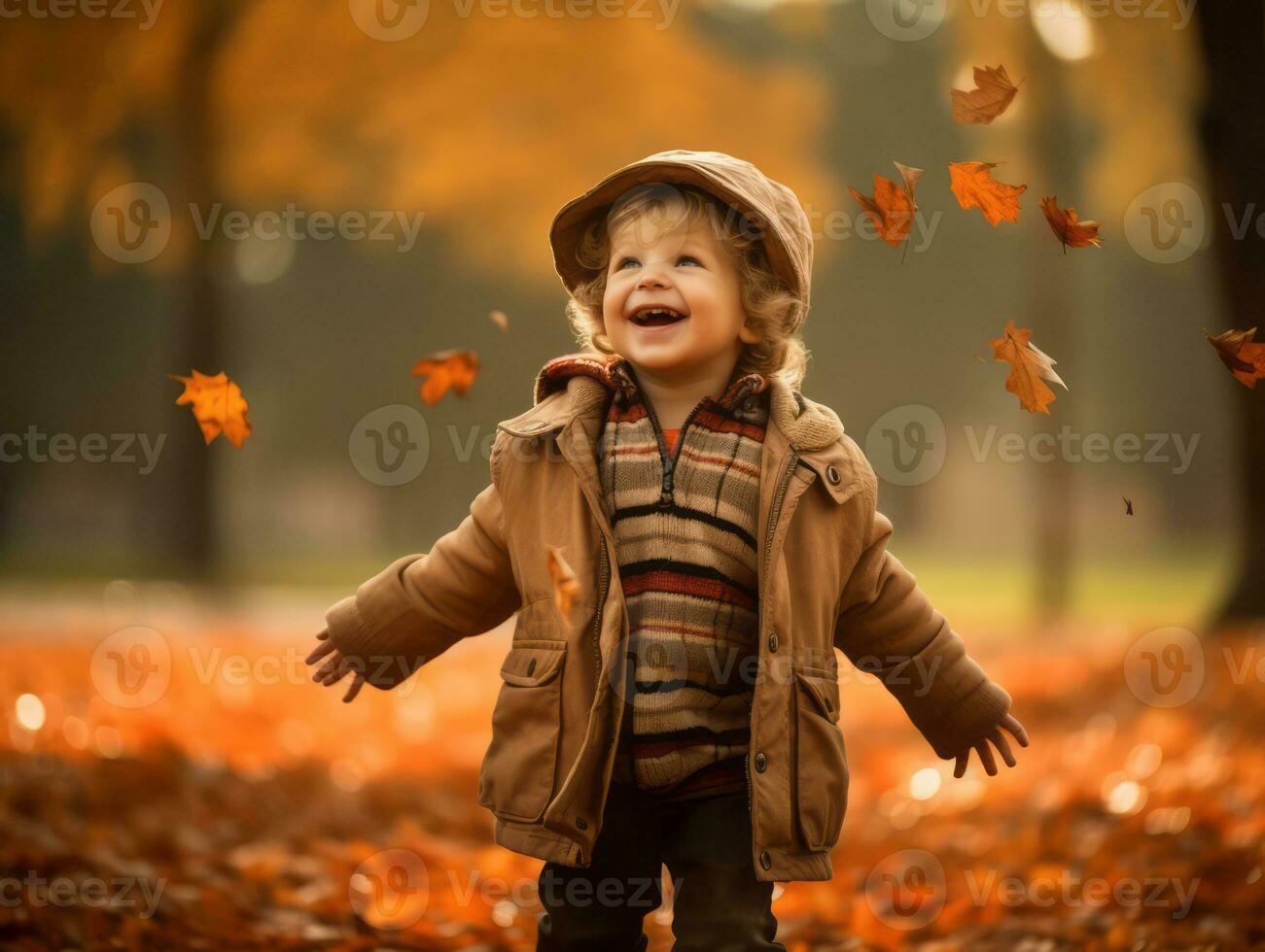 européen enfant dans espiègle émotionnel dynamique pose sur l'automne Contexte ai génératif photo