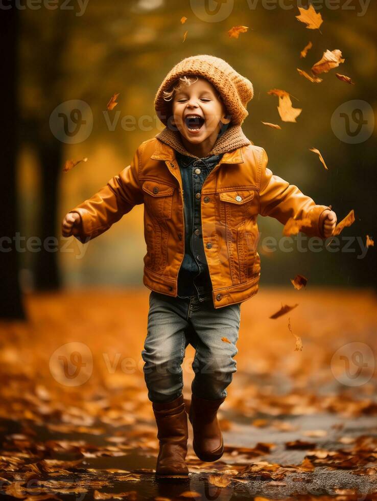 européen enfant dans espiègle émotionnel dynamique pose sur l'automne Contexte ai génératif photo