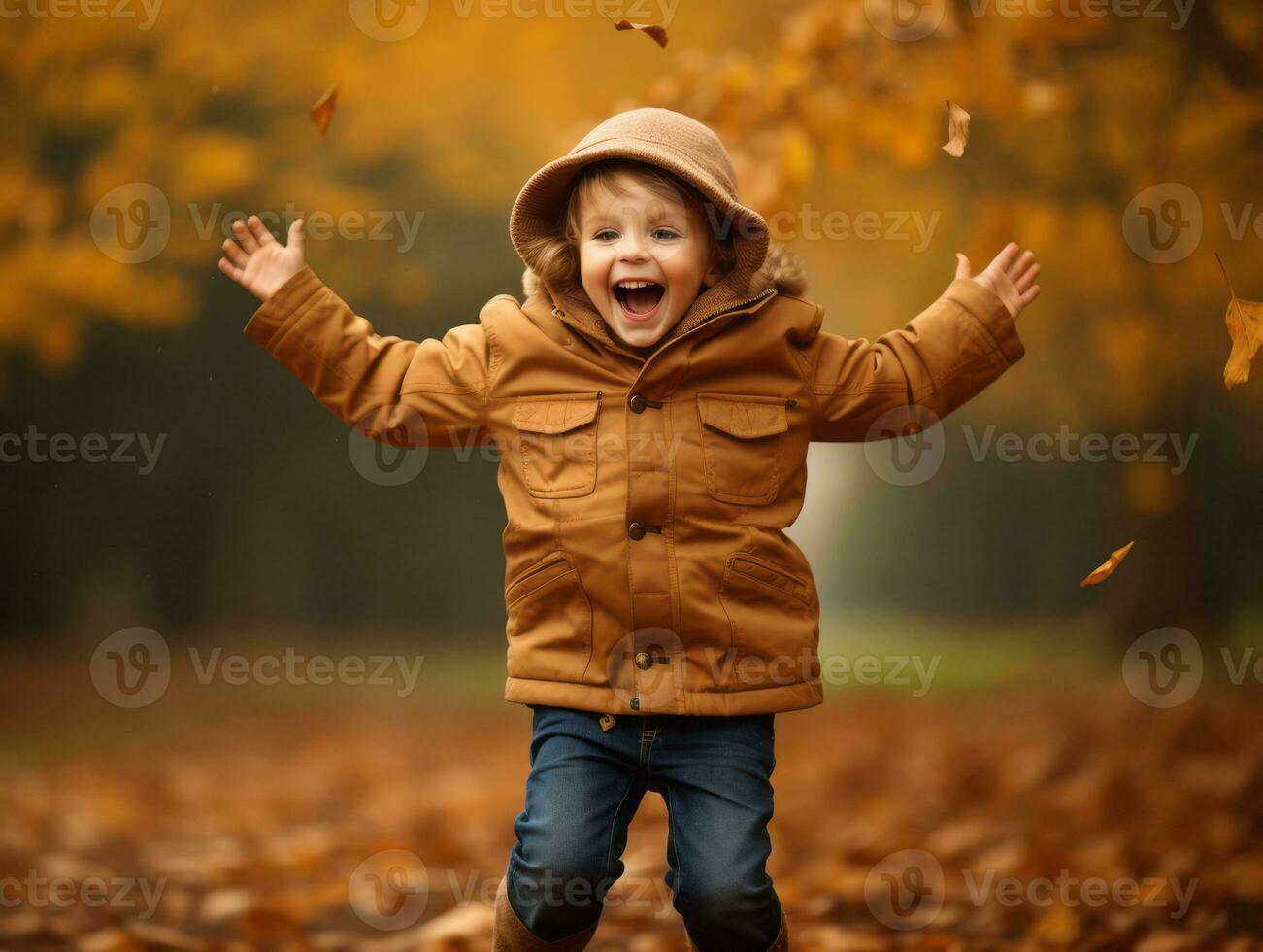européen enfant dans espiègle émotionnel dynamique pose sur l'automne Contexte ai génératif photo