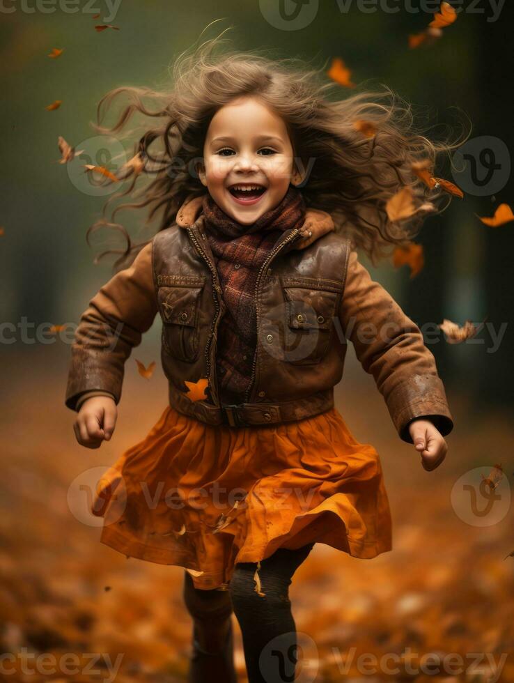 européen enfant dans espiègle émotionnel dynamique pose sur l'automne Contexte ai génératif photo