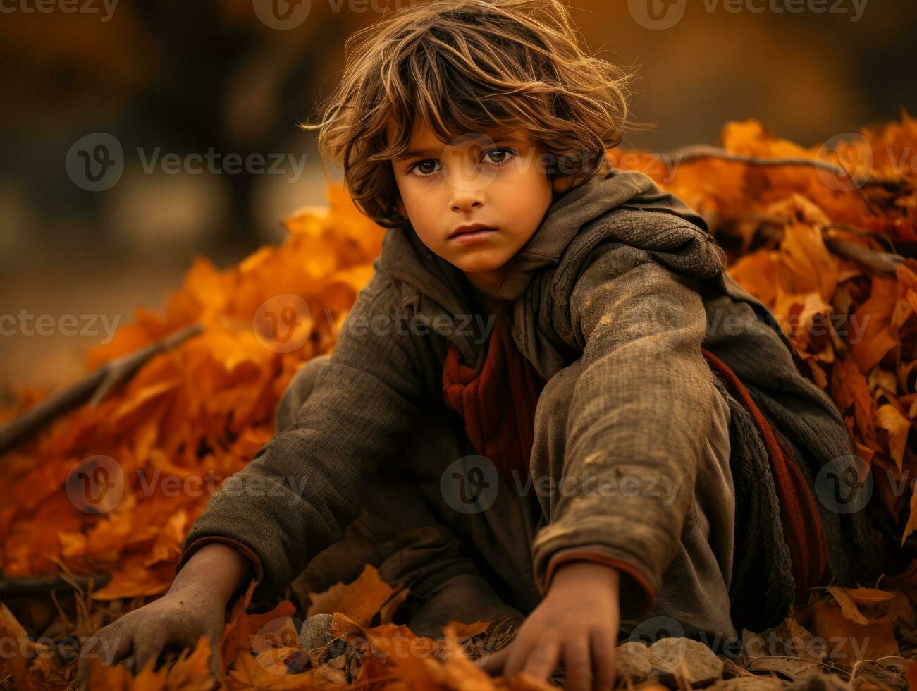 Indien enfant dans espiègle émotionnel dynamique pose sur l'automne Contexte ai génératif photo