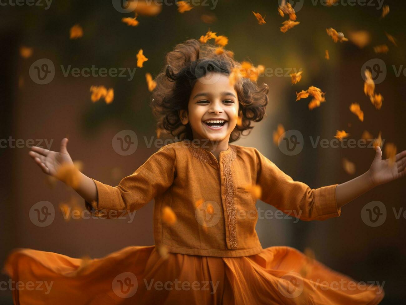 Indien enfant dans espiègle émotionnel dynamique pose sur l'automne Contexte ai génératif photo