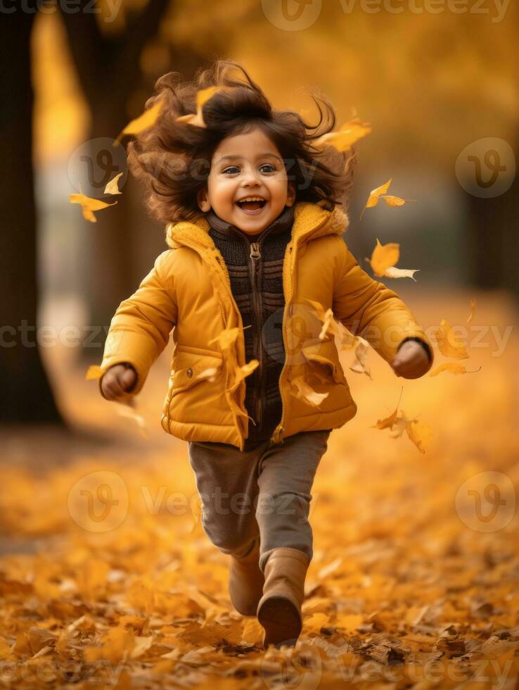 Indien enfant dans espiègle émotionnel dynamique pose sur l'automne Contexte ai génératif photo