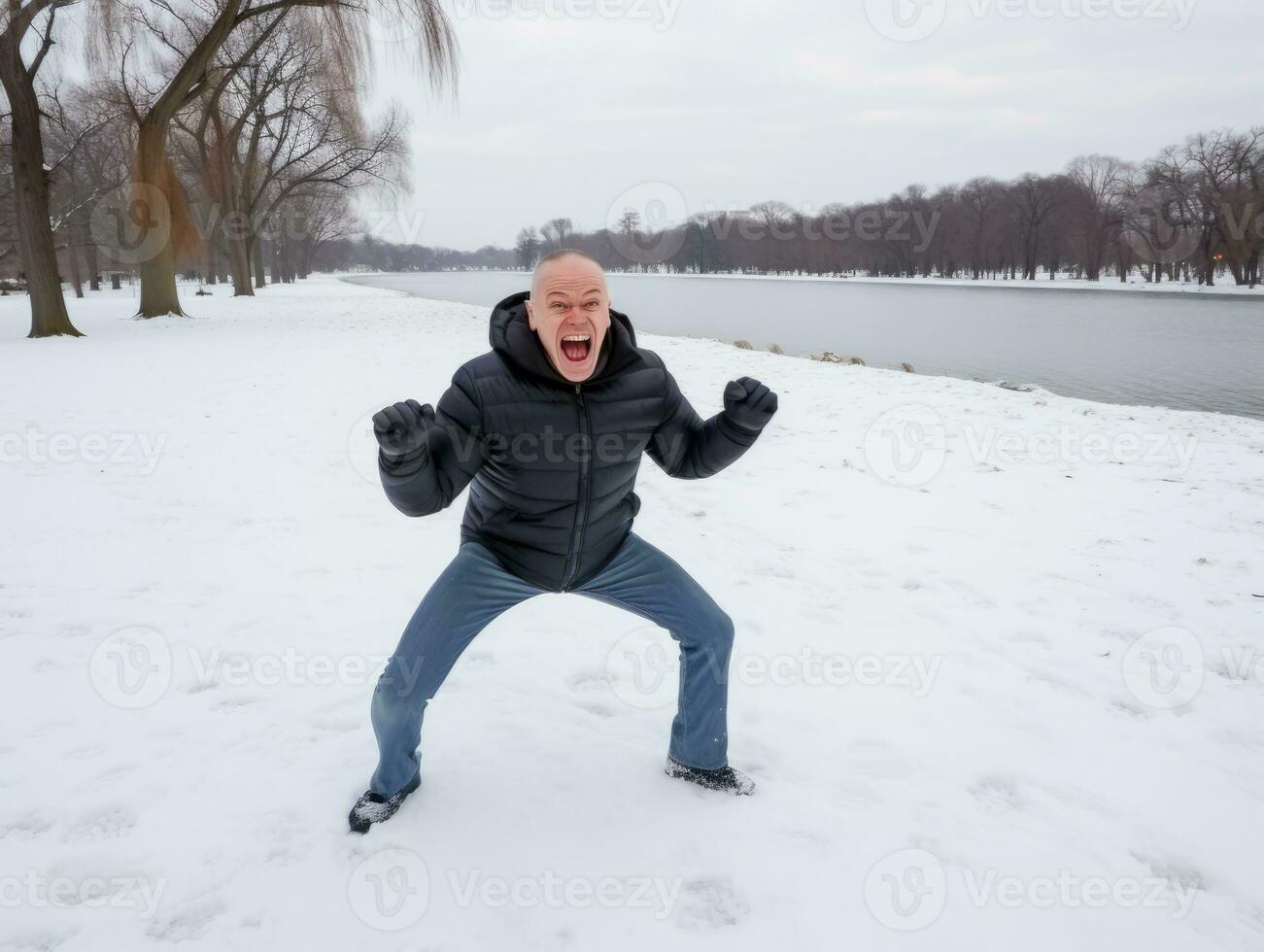 homme jouit le hiver neigeux journée dans espiègle pose ai génératif photo