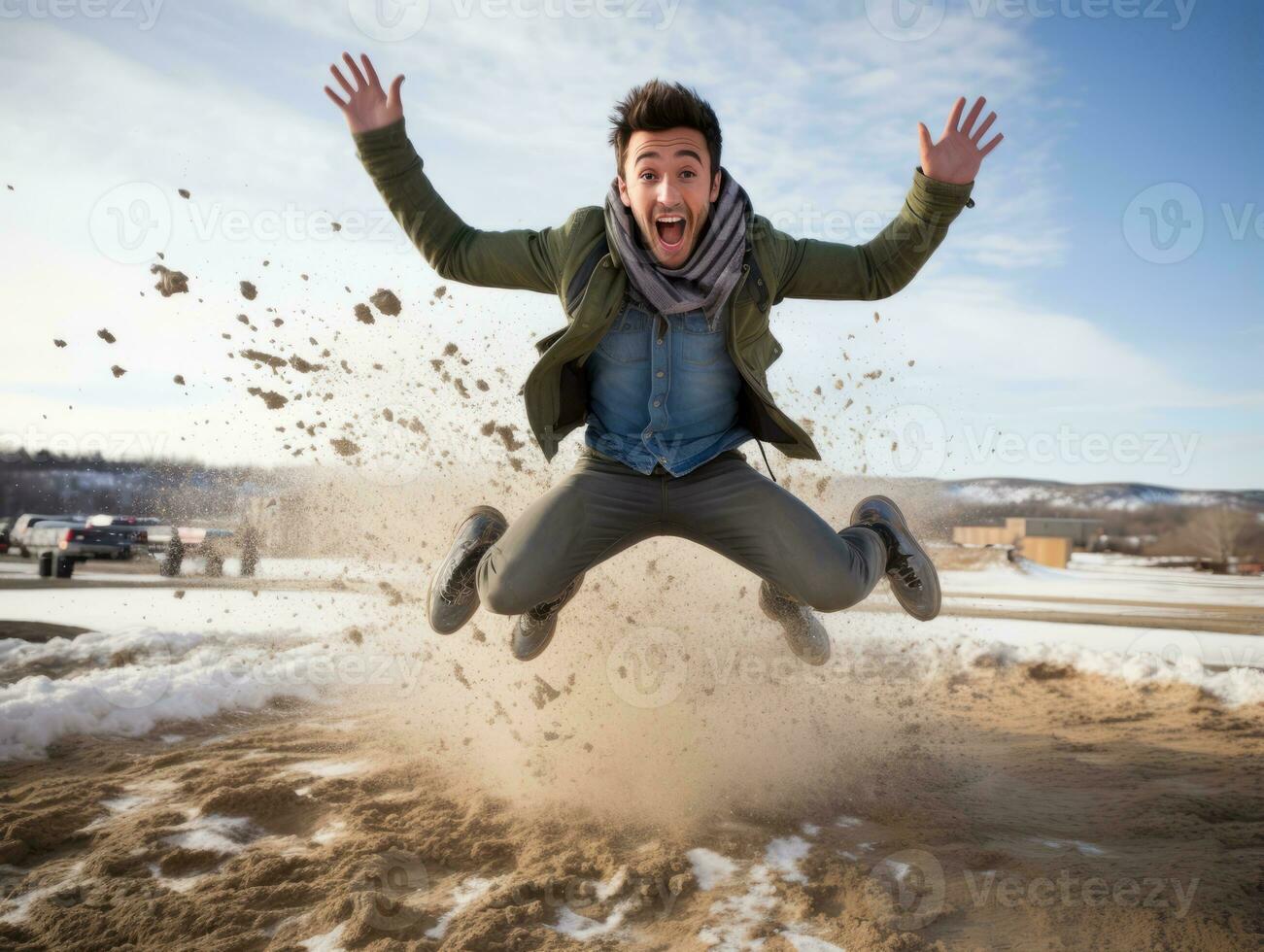 homme jouit le hiver neigeux journée dans espiègle pose ai génératif photo