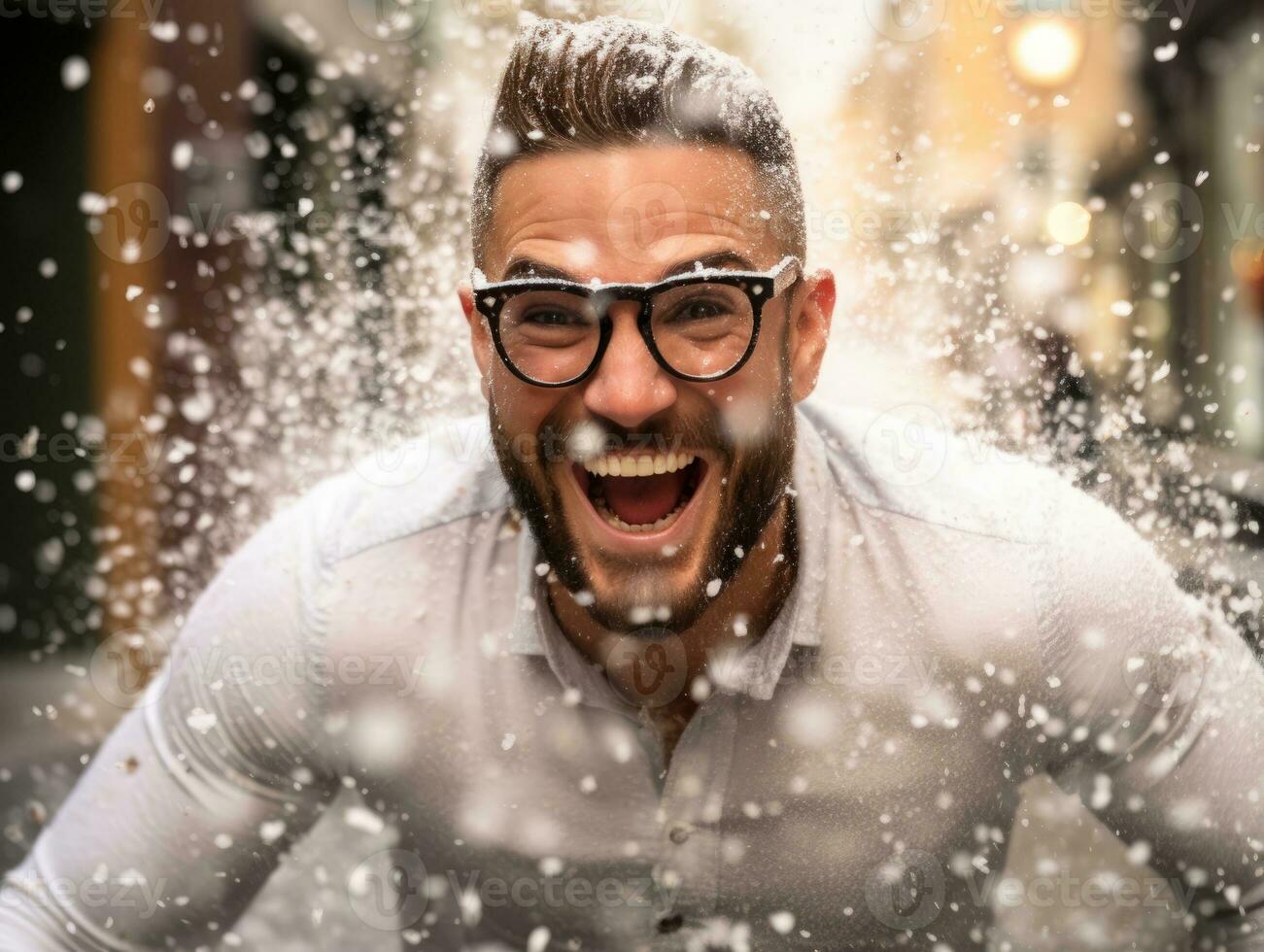 homme jouit le hiver neigeux journée dans espiègle pose ai génératif photo