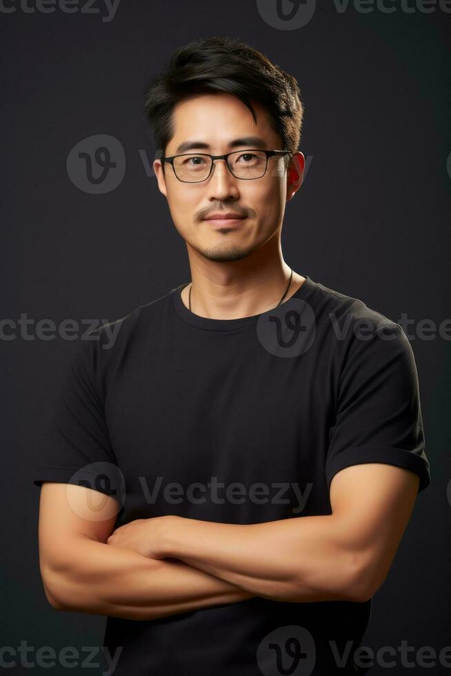 Beau asiatique homme émotif dynamique gestes sur solide Contexte ai génératif photo