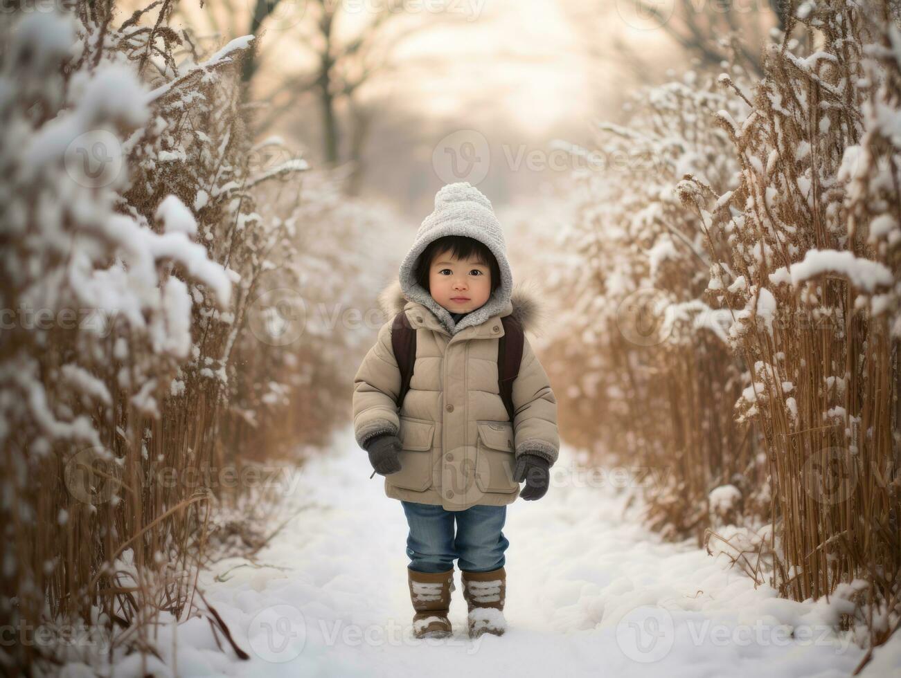 enfant jouit une tranquille marcher dans une hiver journée ai génératif photo