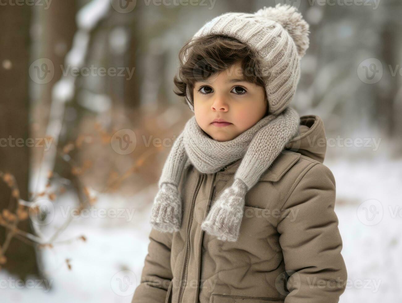 enfant jouit une tranquille marcher dans une hiver journée ai génératif photo