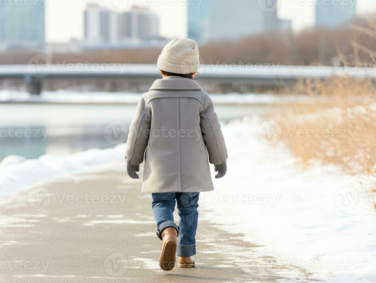 enfant jouit une tranquille marcher dans une hiver journée ai génératif photo