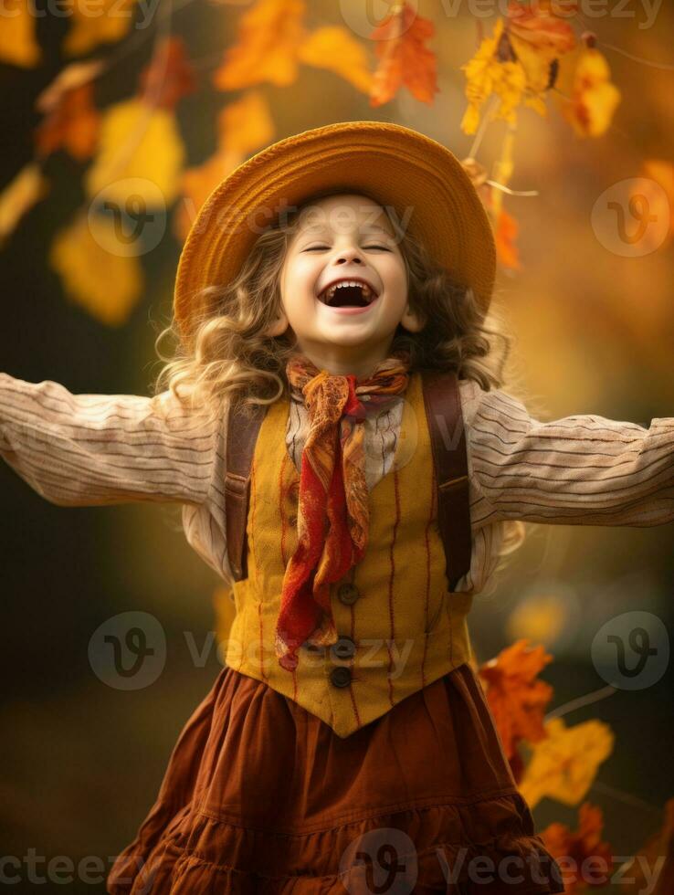 mexicain enfant dans émotif dynamique pose sur l'automne Contexte ai génératif photo