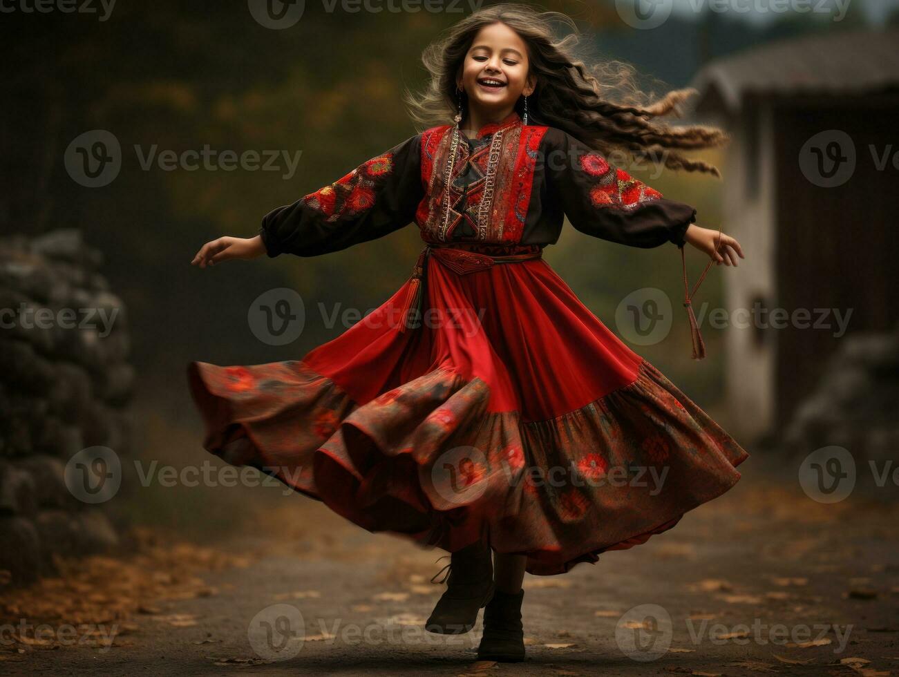 mexicain enfant dans émotif dynamique pose sur l'automne Contexte ai génératif photo