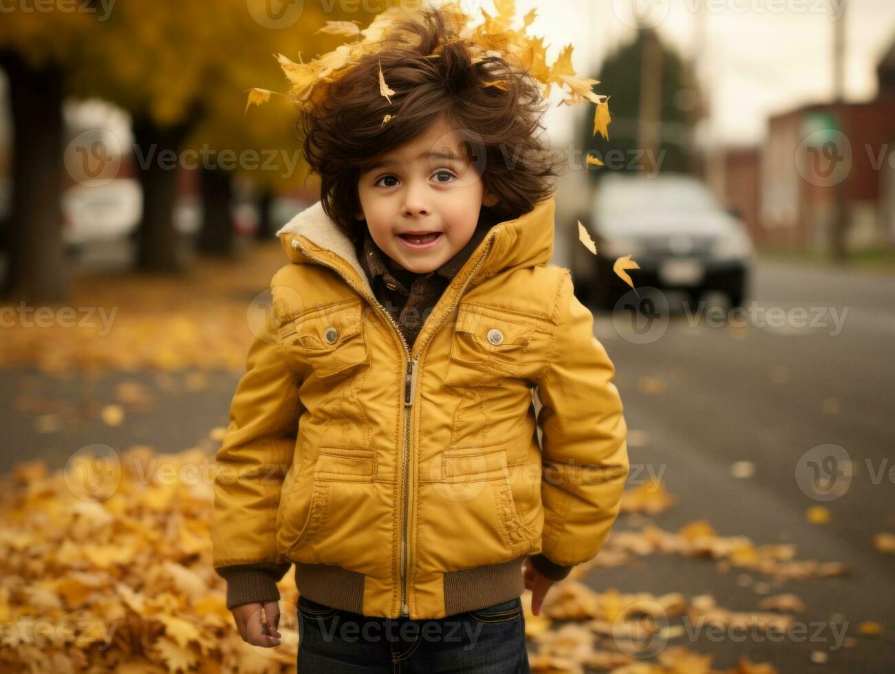 mexicain enfant dans émotif dynamique pose sur l'automne Contexte ai génératif photo