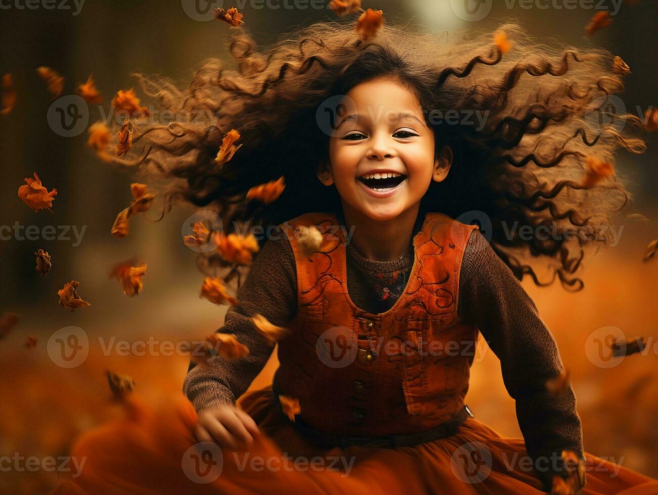 mexicain enfant dans émotif dynamique pose sur l'automne Contexte ai génératif photo