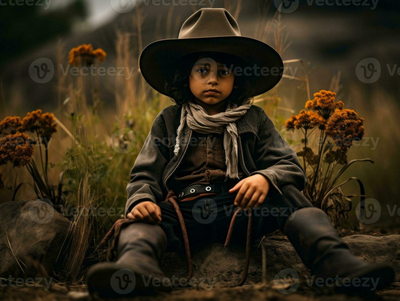 mexicain enfant dans émotif dynamique pose sur l'automne Contexte ai génératif photo