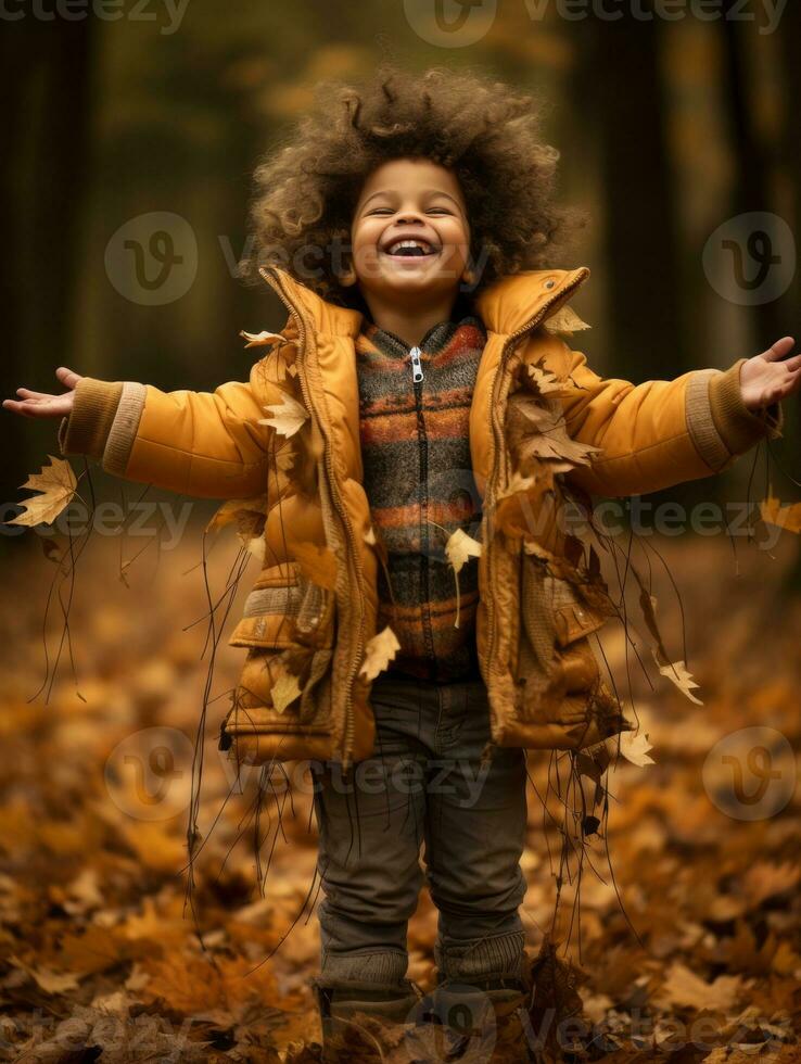 mexicain enfant dans émotif dynamique pose sur l'automne Contexte ai génératif photo