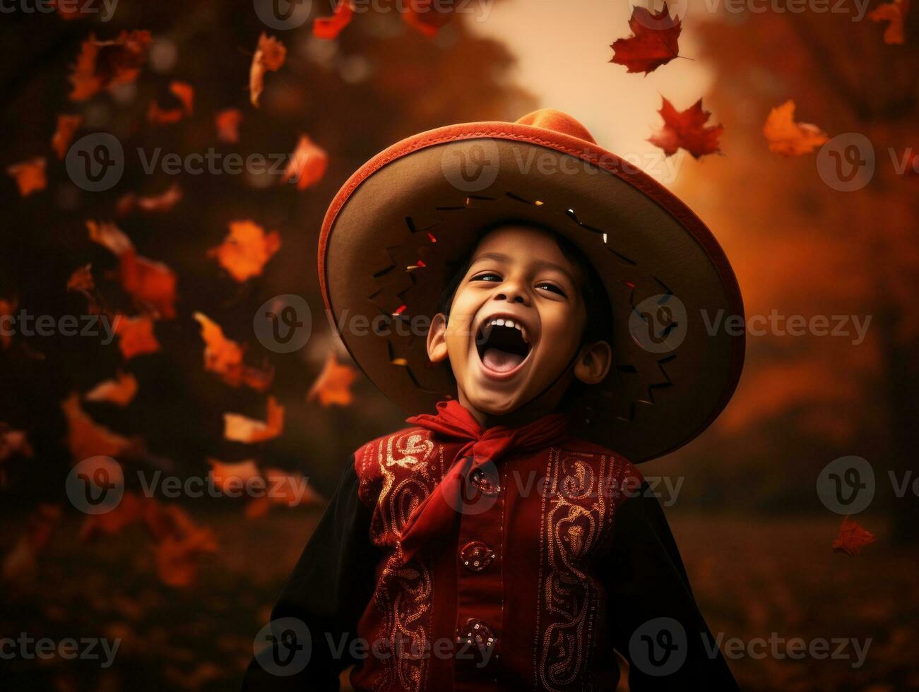 mexicain enfant dans émotif dynamique pose sur l'automne Contexte ai génératif photo