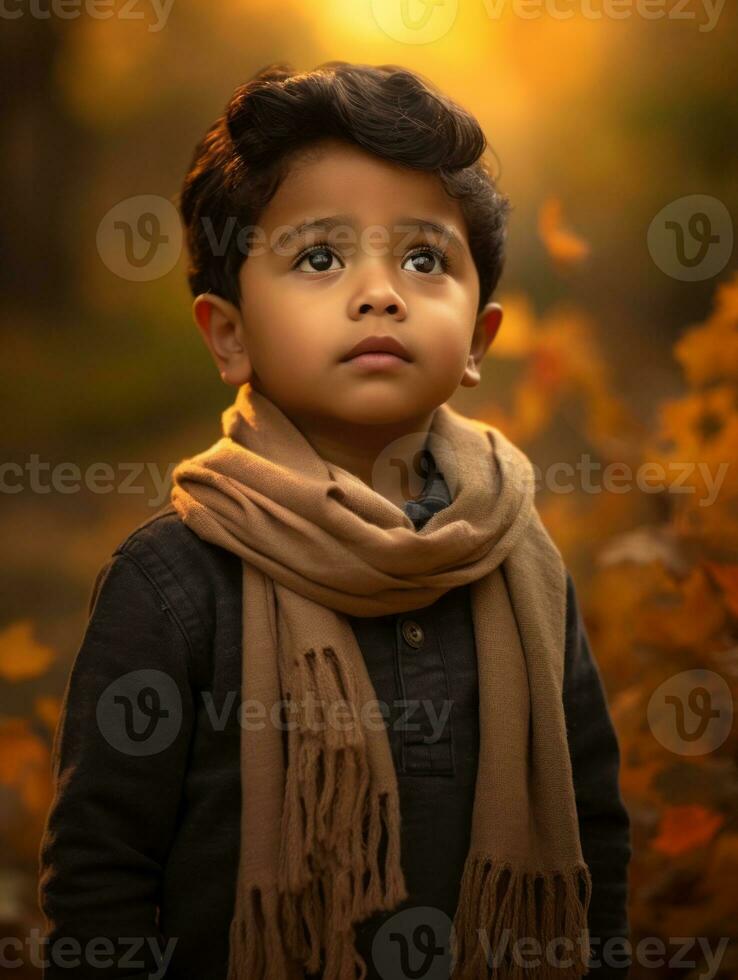 mexicain enfant dans émotif dynamique pose sur l'automne Contexte ai génératif photo