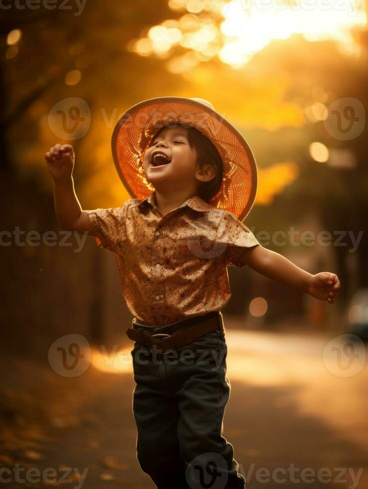 mexicain enfant dans émotif dynamique pose sur l'automne Contexte ai génératif photo