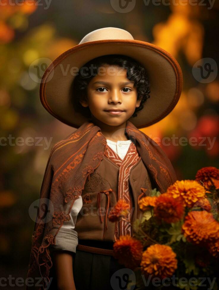 mexicain enfant dans émotif dynamique pose sur l'automne Contexte ai génératif photo