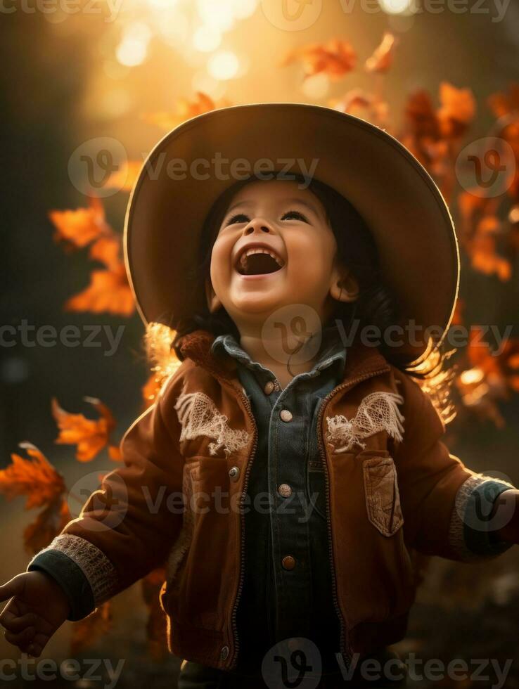 mexicain enfant dans émotif dynamique pose sur l'automne Contexte ai génératif photo