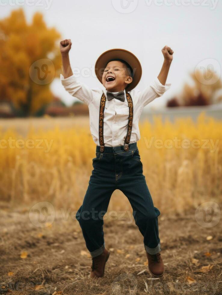 mexicain enfant dans émotif dynamique pose sur l'automne Contexte ai génératif photo