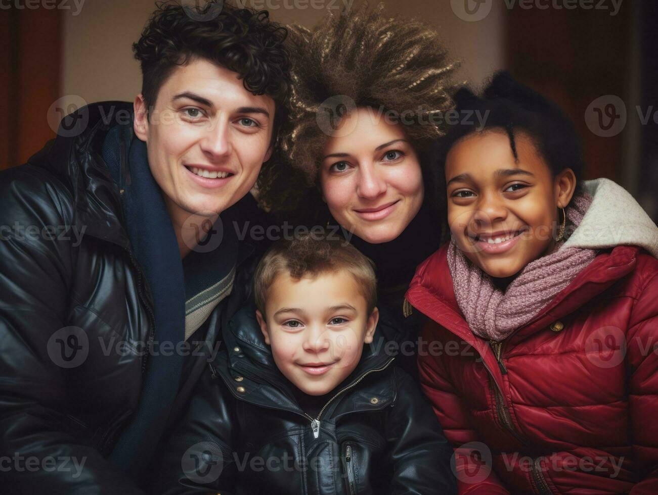 le interracial famille jouit célébrer Noël veille ensemble ai génératif photo