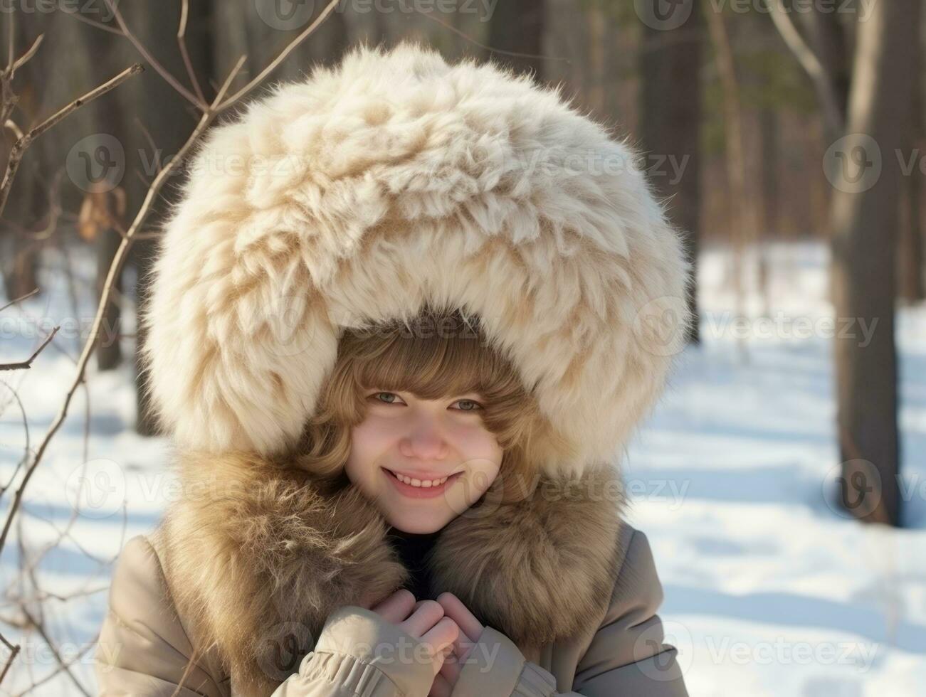 femme jouit dans le hiver journée dans émotif espiègle pose ai génératif photo