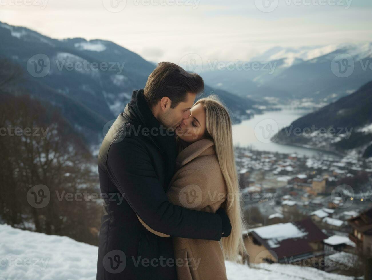 aimant couple est profiter une romantique hiver journée ai génératif photo