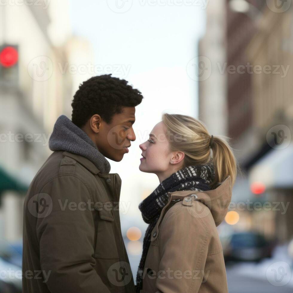 aimant adolescent interracial couple est profiter une romantique hiver journée ai génératif photo