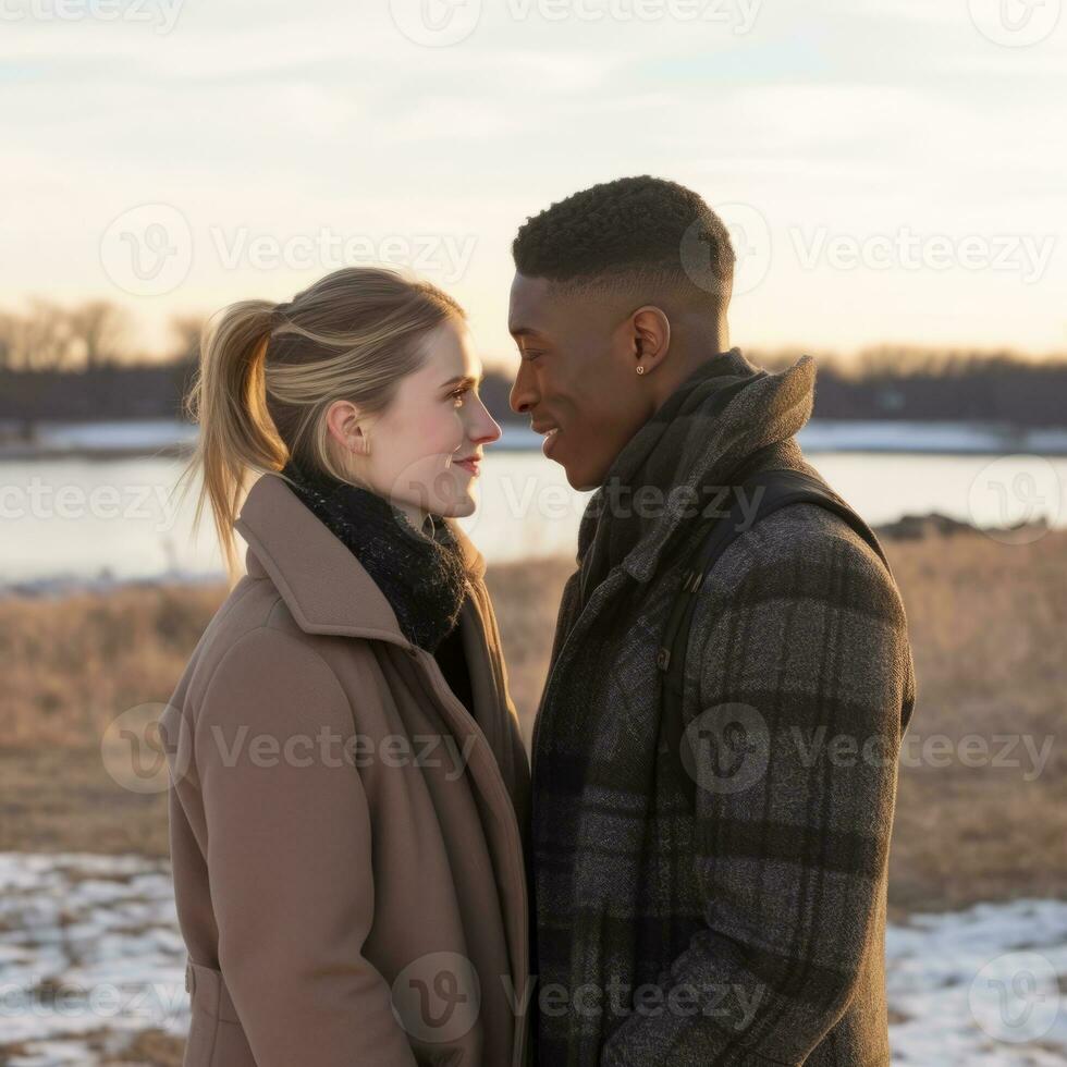 aimant adolescent interracial couple est profiter une romantique hiver journée ai génératif photo