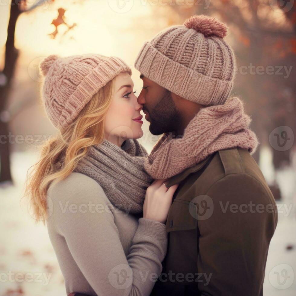 aimant adolescent interracial couple est profiter une romantique hiver journée ai génératif photo