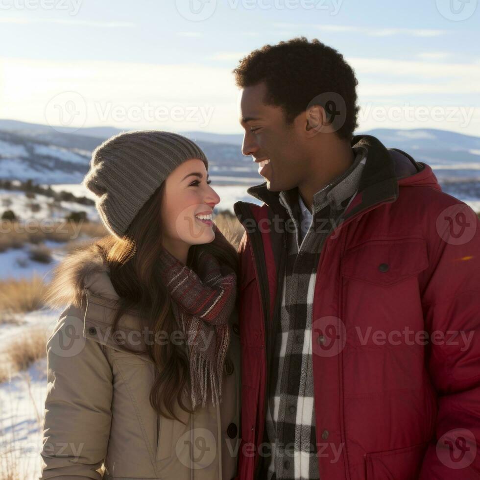 aimant adolescent interracial couple est profiter une romantique hiver journée ai génératif photo