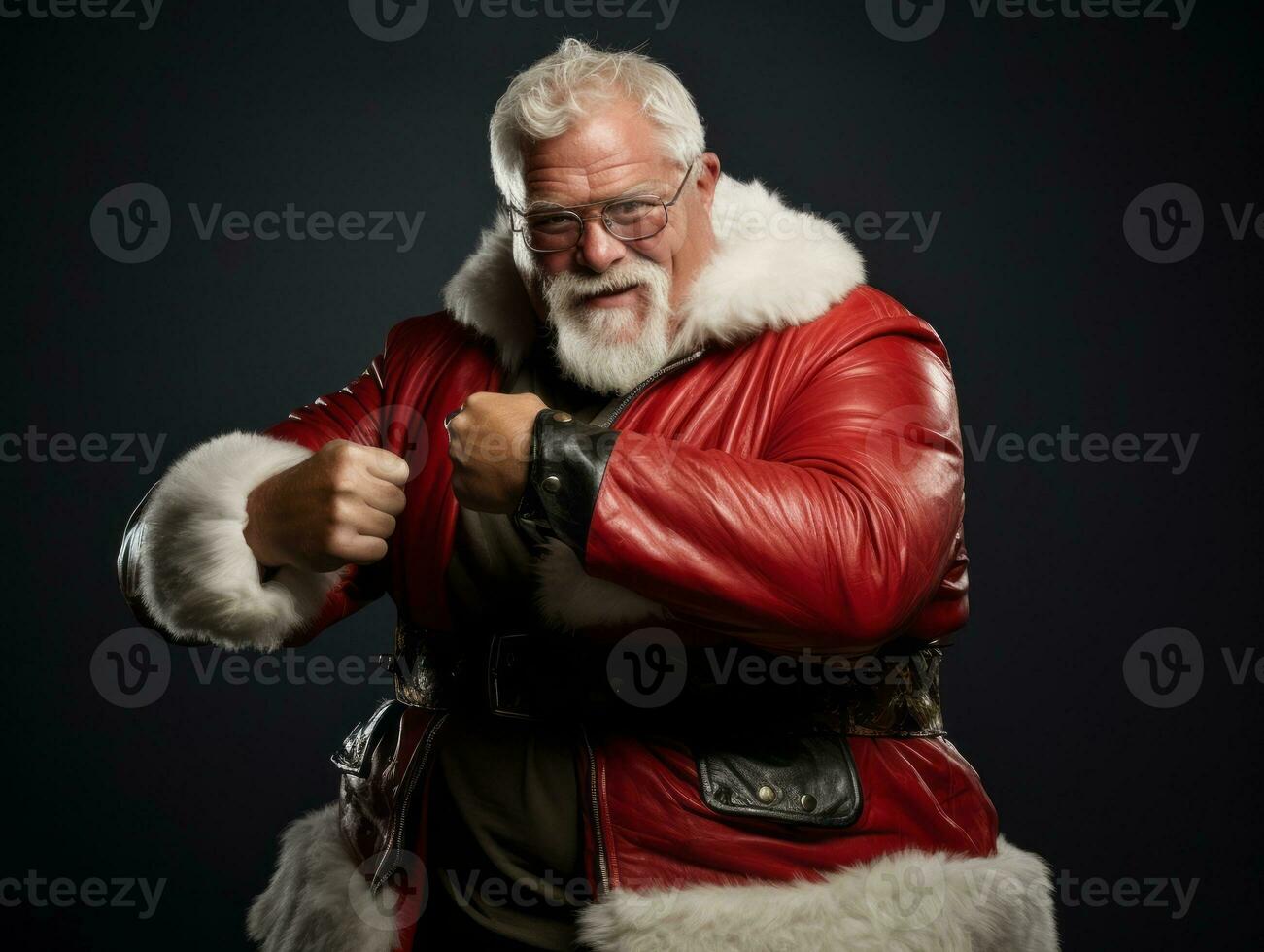 homme habillé comme Père Noël claus dans espiègle pose sur solide Contexte ai génératif photo