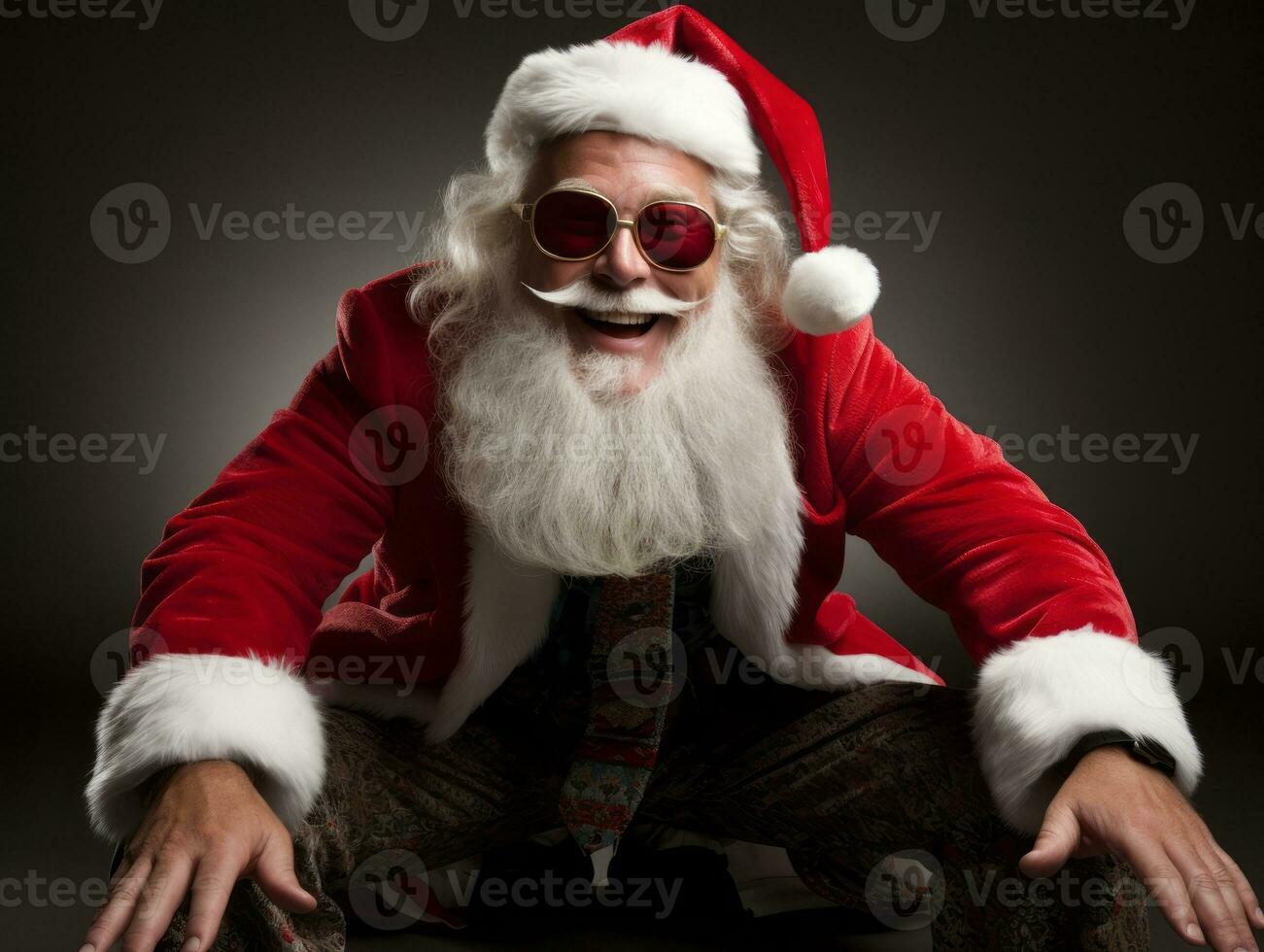 homme habillé comme Père Noël claus dans espiègle pose sur solide Contexte ai génératif photo